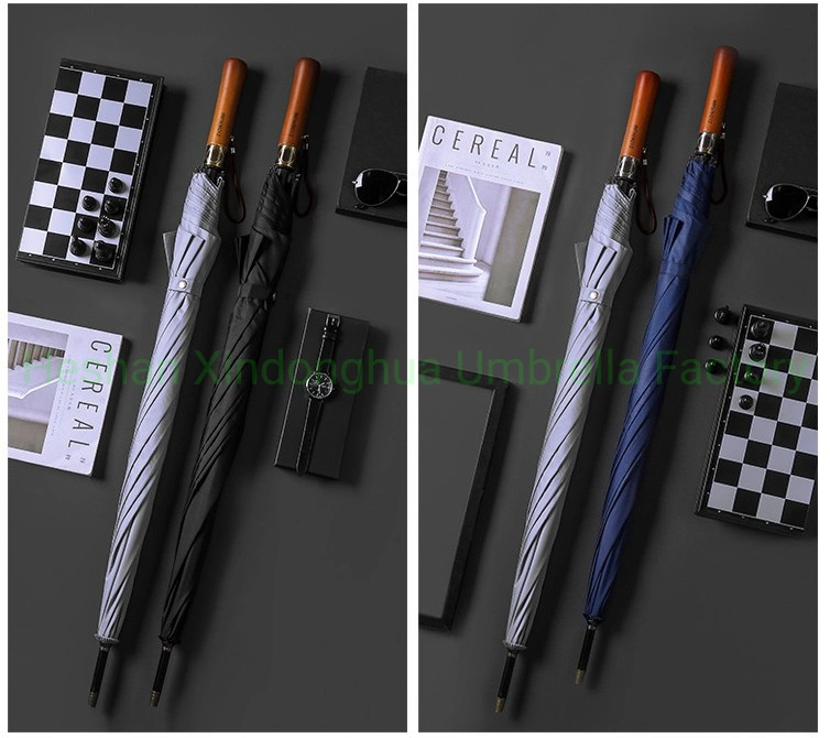 New Design Wooden Straight Handle High Quality Fiberglass Golf Umbrella for Hotels (GOL-0027FAW)